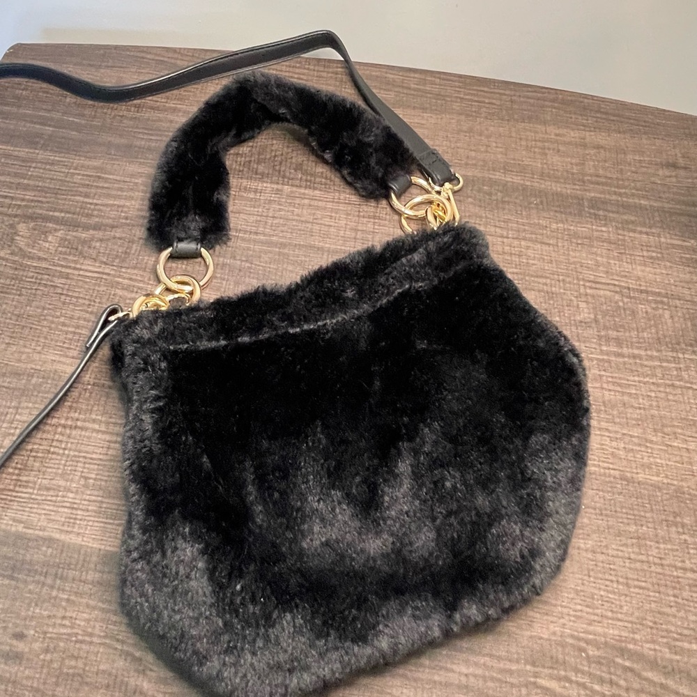 Collection XIIX Black Faux Fur Bag Adjustable Strap